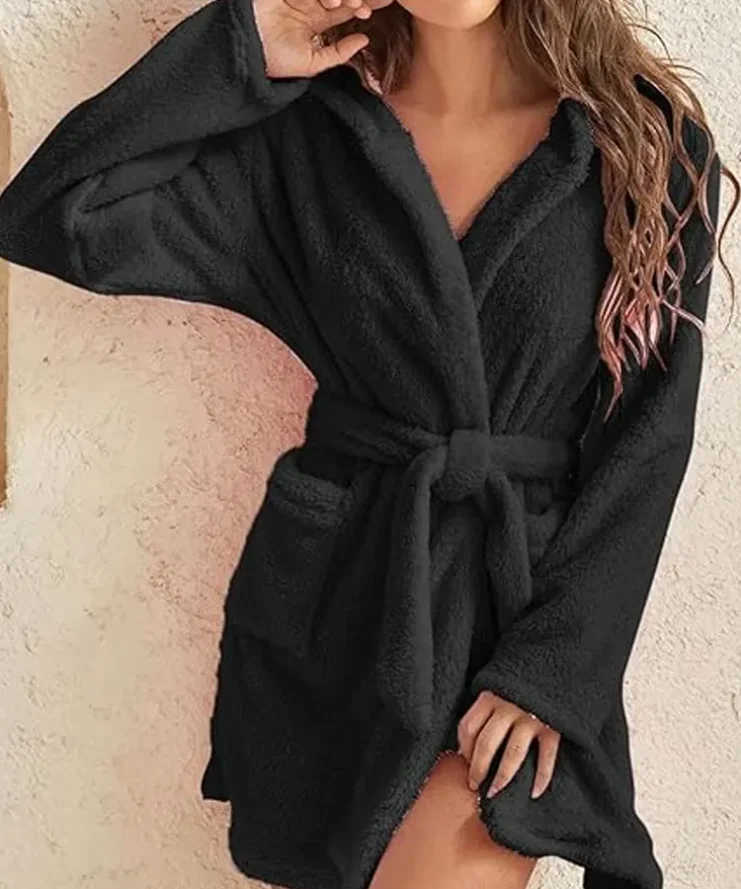 Women’s Casual Black Fluffy Robe