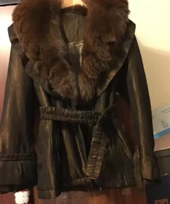 Womens Fur Brown Leather Zipper Jacket