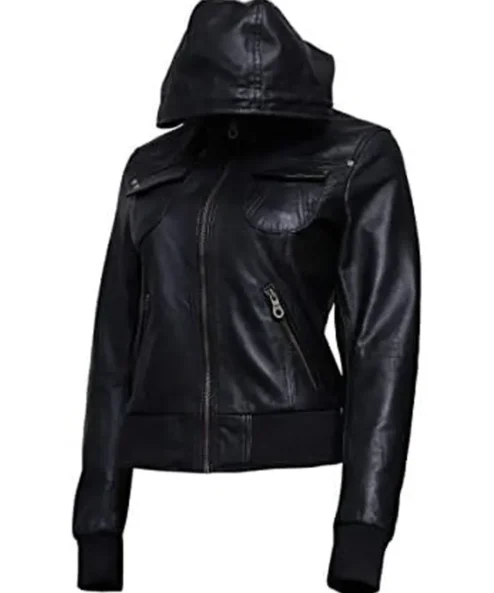 Womens Leather Motorcycle Slim Fit Hooded Jacket