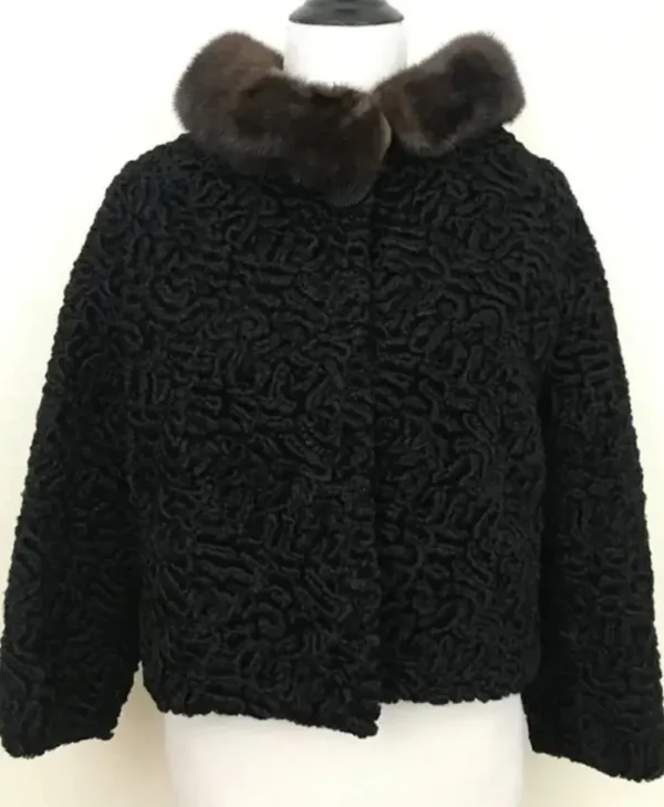 Women’s Mink Fur Collar Black Bomber Persian Lamb Fur Jacket