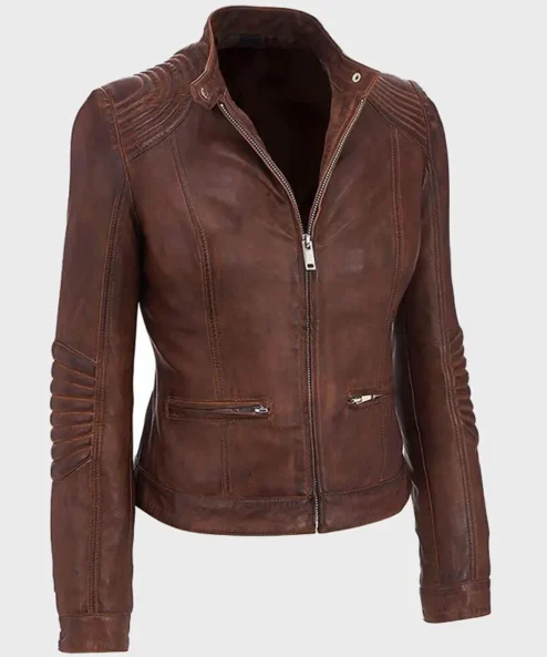 Women’s Motorcycle Slim Fit Sheepskin Brown Leather Jacket