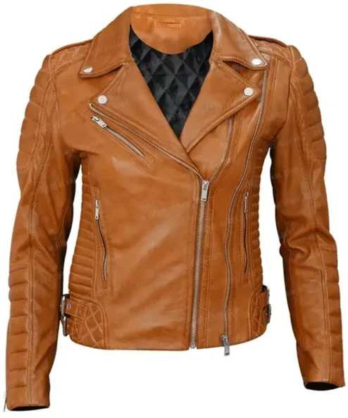 Womens Motorcycle Slim Fit Tan Brown Biker Classic Jacket