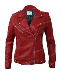 Womens Negan Red Biker Lambskin Leather Jacket