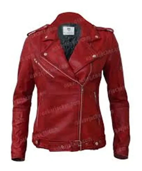 Womens Negan Red Biker Lambskin Leather Jacket