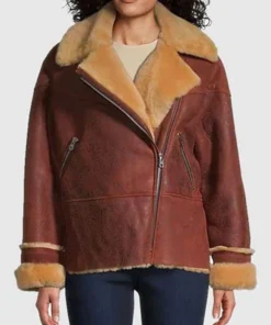 Womens Sandy Vegan Shearling Fur Brown Moto Jacket