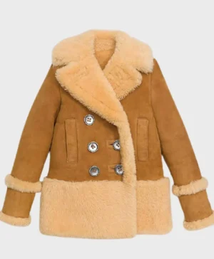 Womens Shearling Fur Brown Pea Coat