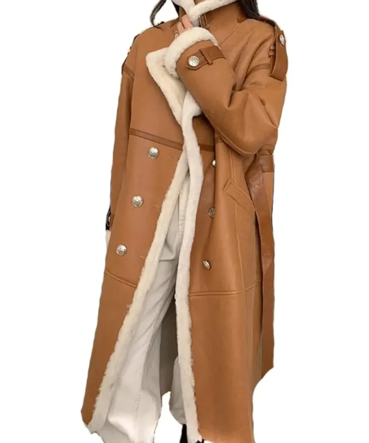 Womens Shearling Fur Suede Leather Brown Long Coat