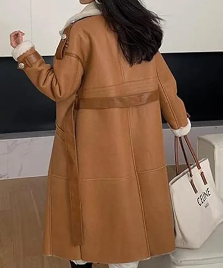 Womens Shearling Fur Suede Leather Brown Long Coat For Sale