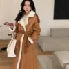 Womens Shearling Fur Suede Leather Brown Long Coat Sale