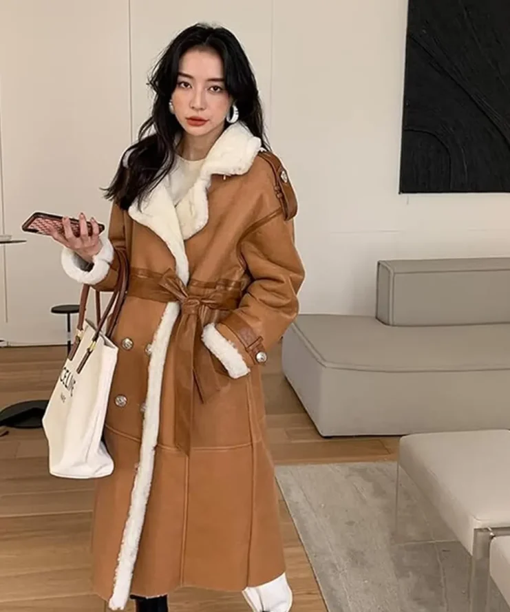 Womens Shearling Fur Suede Leather Brown Long Coat Sale