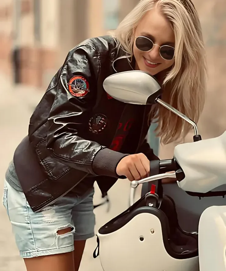 Womens Top Gun Black Leather Aviator Flight Bomber Jacket