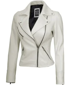 Womens White Slim fit Moto Lambskin Leather Biker Jacket