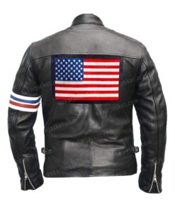 Wyatt Film Easy Rider Captain America Peter Fonda Motorcycle US Flag Black Leather Stripe Jacket
