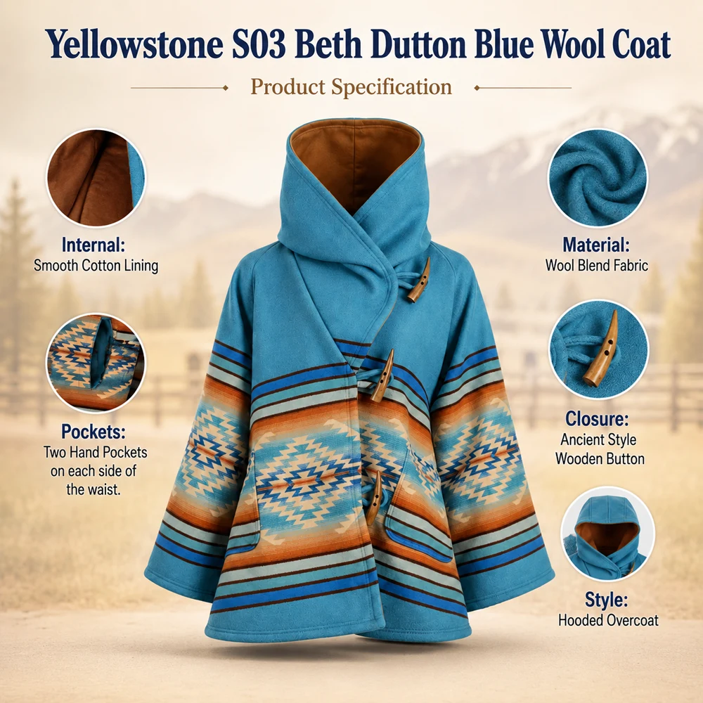 Yellowstone S03 Beth Dutton Blue Wool Coat Infographic