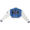 cropped blue and white varsity jacket back