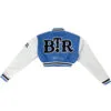 cropped blue and white varsity jacket back