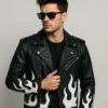 Black Meteor Flame Leather Motorcycle Jacket For Sale