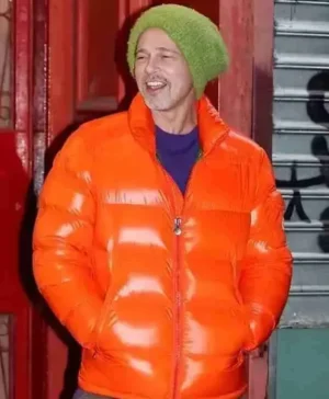 Brad-Pitt-Wolfs-2024-Orange-Puffer-Jacket