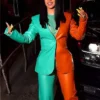 Cardi B Fashion Event Green and Brown Leather Suit