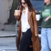 Emily Ratajkowski Brown Leather Trench Coat Side