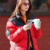 Emily Ratajkowski New York City Red Puffer Jacket Side