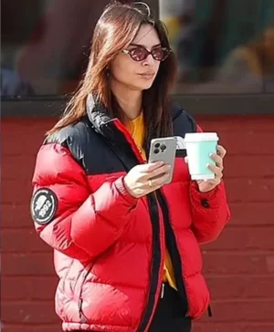 Emily Ratajkowski New York City Red Puffer Jacket Side