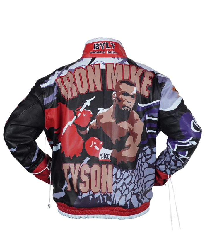 Black Iron Mike leather jacket with printed design