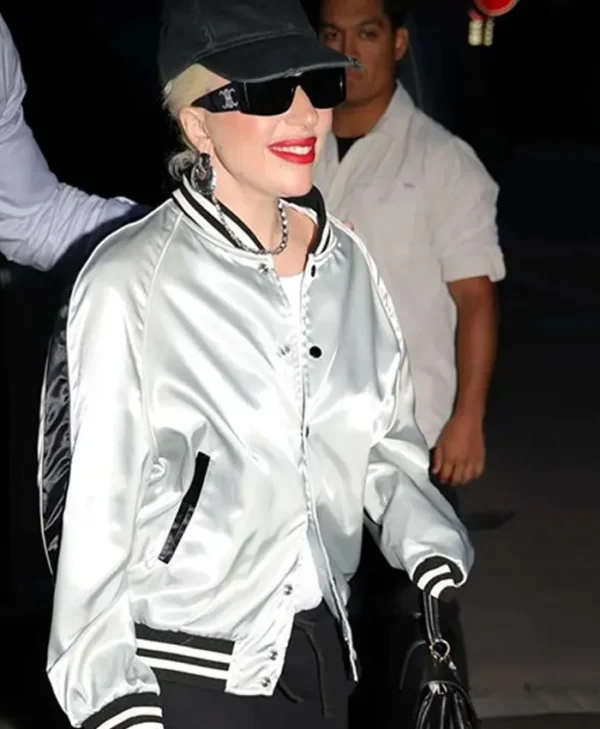 Lady-Gaga-Striped-Satin-Bomber-Jacket