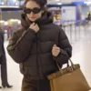 Lily James Milan Brown Puffer Jacket Side