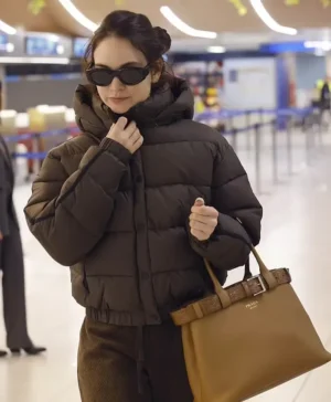 Lily James Milan Brown Puffer Jacket Side
