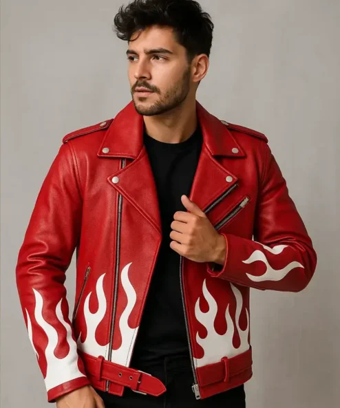 Meteor Flames Leather Biker Red Jacket