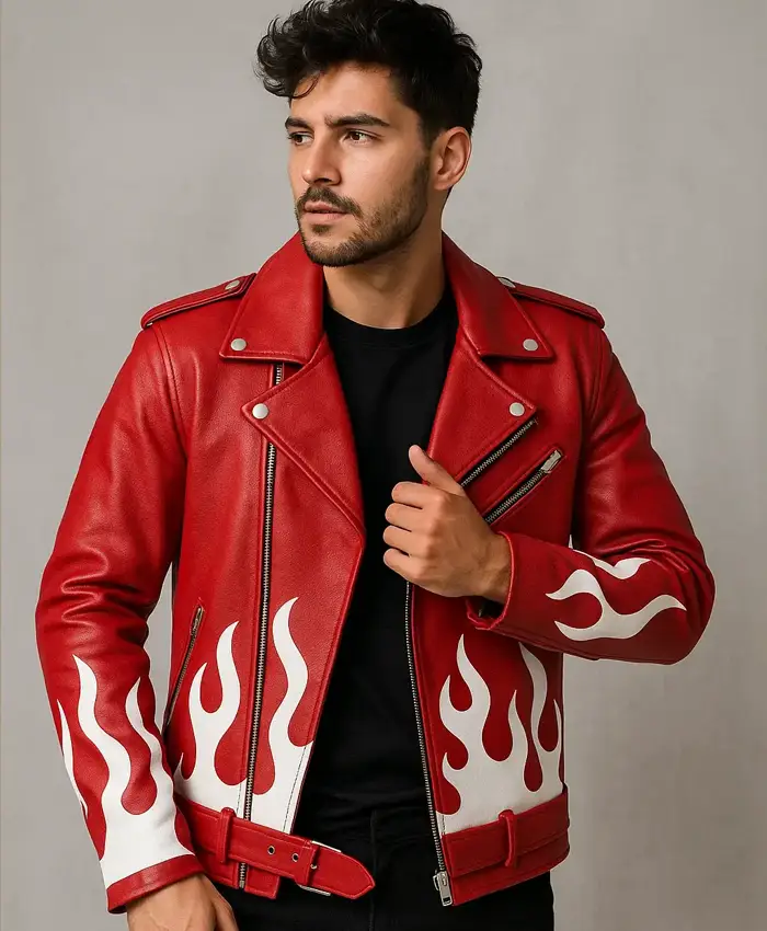 Meteor Flames Leather Biker Red Jacket