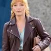 Moonflower Murders brown leather jacket with zipper cuffs and practical pockets
