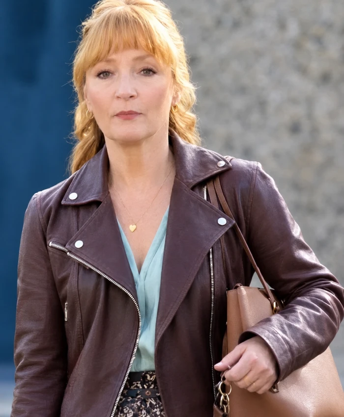 Moonflower Murders brown leather jacket with zipper cuffs and practical pockets