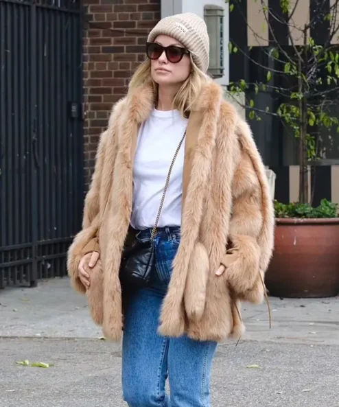 Olivia Wilde New York Tan Faux Fur coat Side