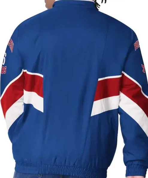 Philadelphia 76ers Captain Royal Varsity Satin Jacket Back