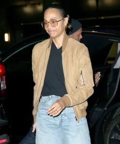 Zoe Saldana New York City Camel Suede Jacket Side