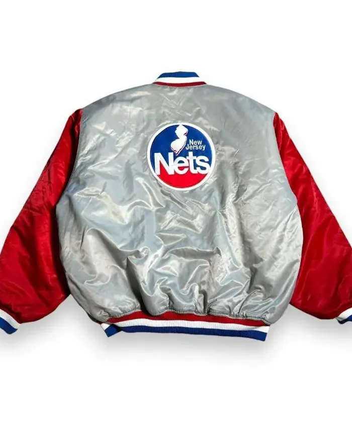 90’s New Jersey Nets Gray and Red Satin Varsity Jacket Back