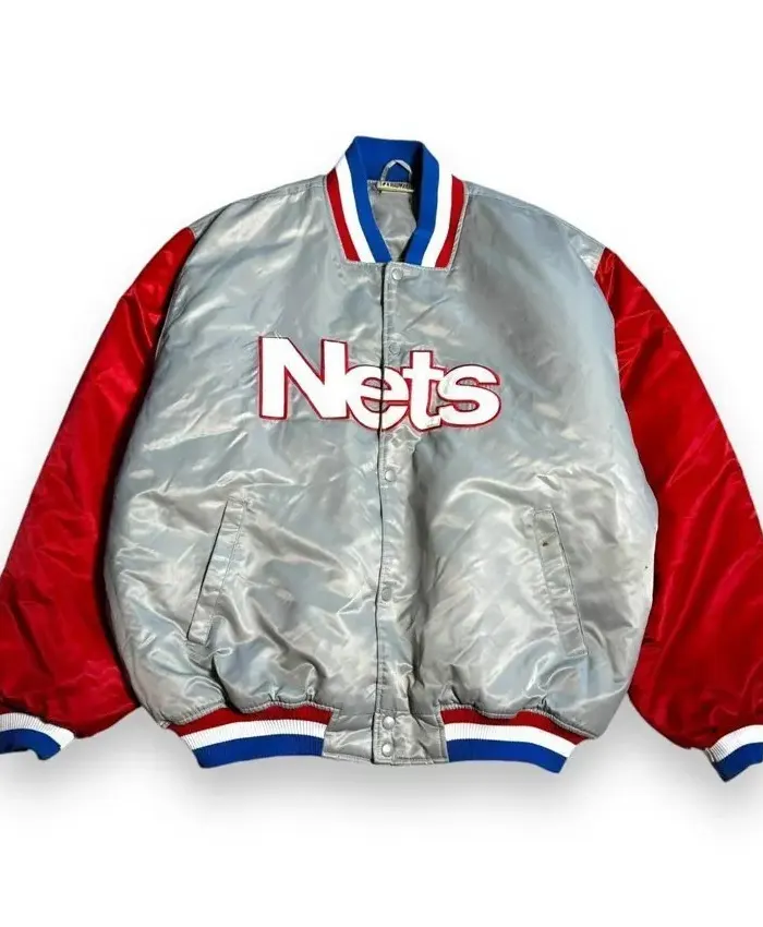 90’s New Jersey Nets Gray and Red Satin Varsity Jacket