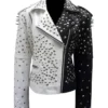 Black And White Studded Leather Biker Jacket
