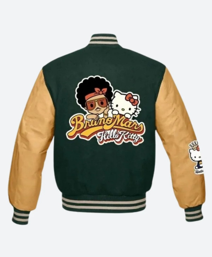Bruno Mars x Hello Kitty Green and Brown Varsity Bomber Jacket