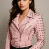 Buy Women Pink Spike Skeleton Studs Leather Biker Jacket