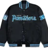Carolina Panthers Blue Rib Bomber Black Satin Varsity Jacket