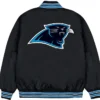 Carolina Panthers Blue Rib Bomber Black Satin Varsity Jacket Back