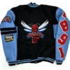 Delaware State Ole Skool Blue and Black Letterman Jacket Back