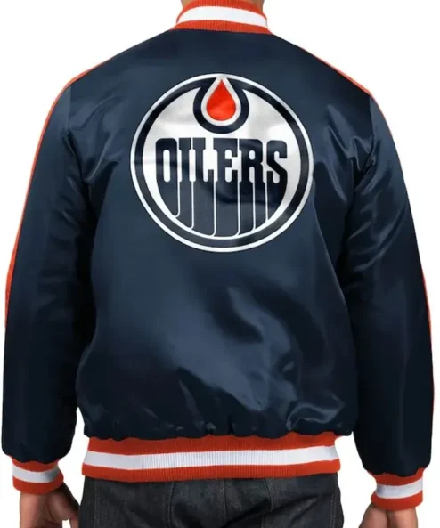 Edmonton Oilers O-Line Navy Satin Varsity Jacket Back