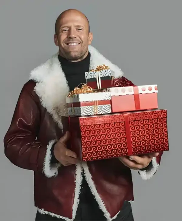 Jason Statham Takes On Holiday Ops Red Leather Jacket