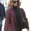 Kate Beckinsale Canary Black 2024 Maroon Coat For Sale