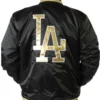LA Dodgers Gold Patches Black Satin Varsity Jacket Back