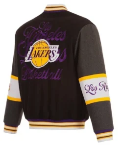 LA Lakers Black and Charcoal Wool Varsity Jacket Back